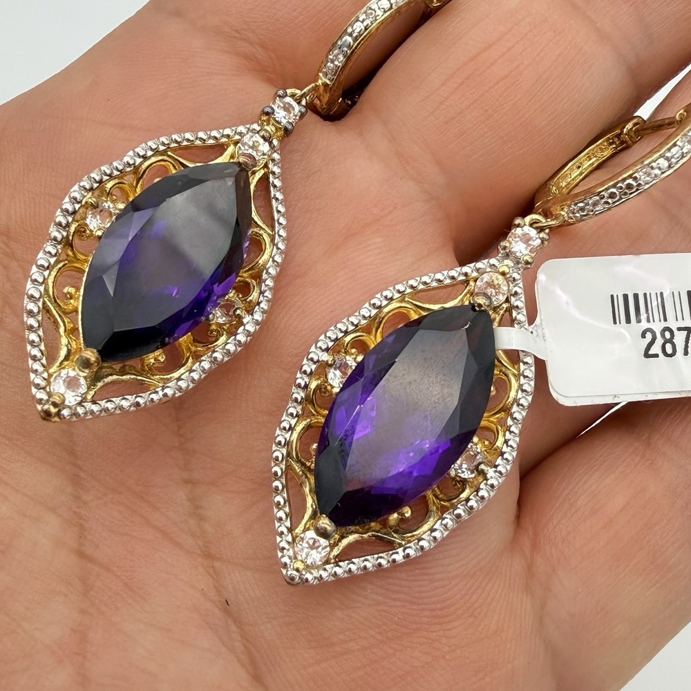 Vtg Sterling Silver Amethyst Earrings Multi Gemstone Gold Vermeil Statement